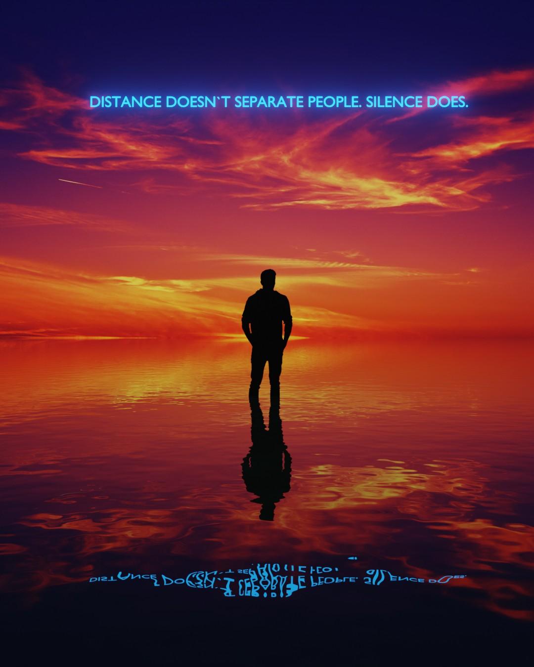 A man standing on still water under a burning red sky, with the glowing line “Distance doesn’t separate people. Silence does.”
