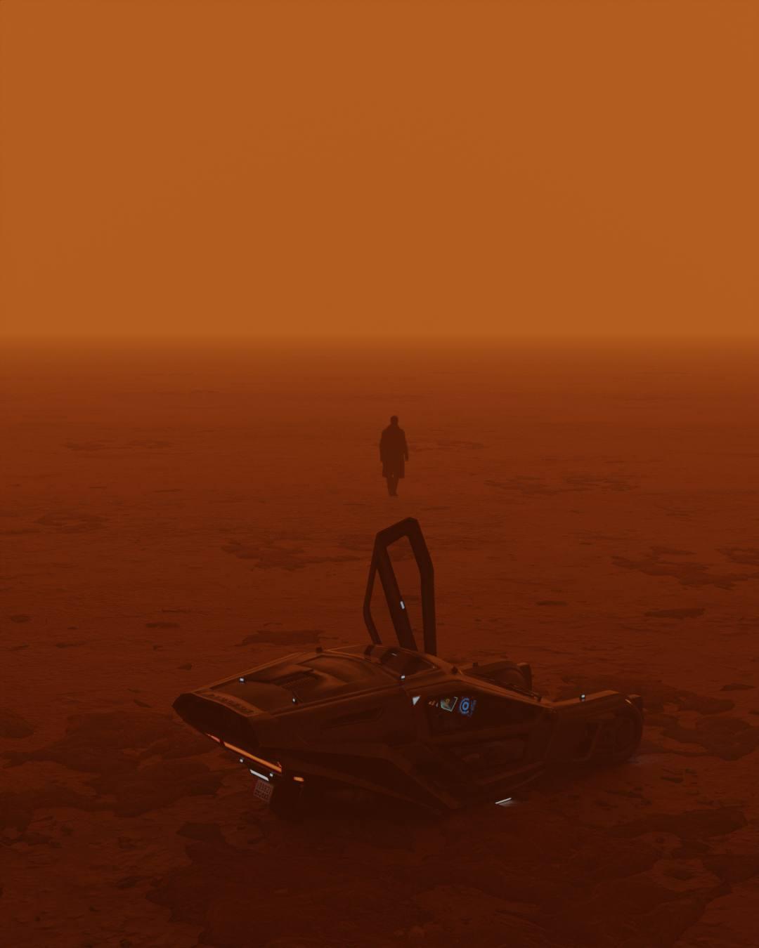 Blender render: a lone figure walks away from a parked futuristic car across an orange, hazy desert