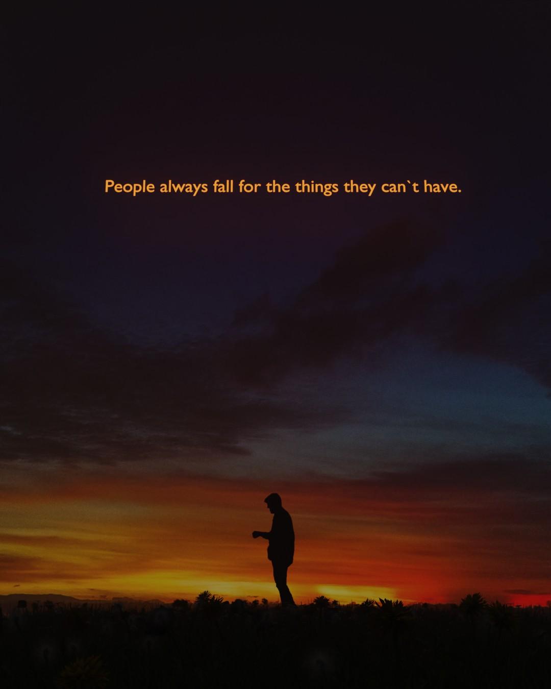 A small figure on the horizon under a dark sunset sky, with the line “People always fall for the things they can’t have.”
