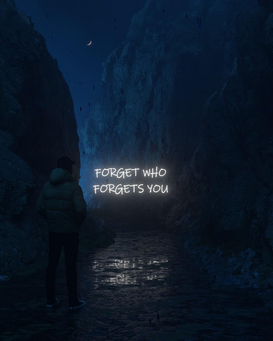 A man in a puffer jacket in a rainy canyon at night, facing glowing neon text reading “Forget who forgets you”