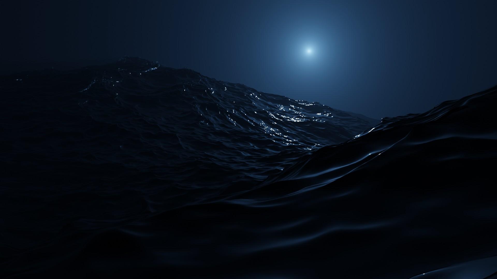 A dark night ocean, its wave crests catching the light of a low, glowing moon in a deep blue haze
