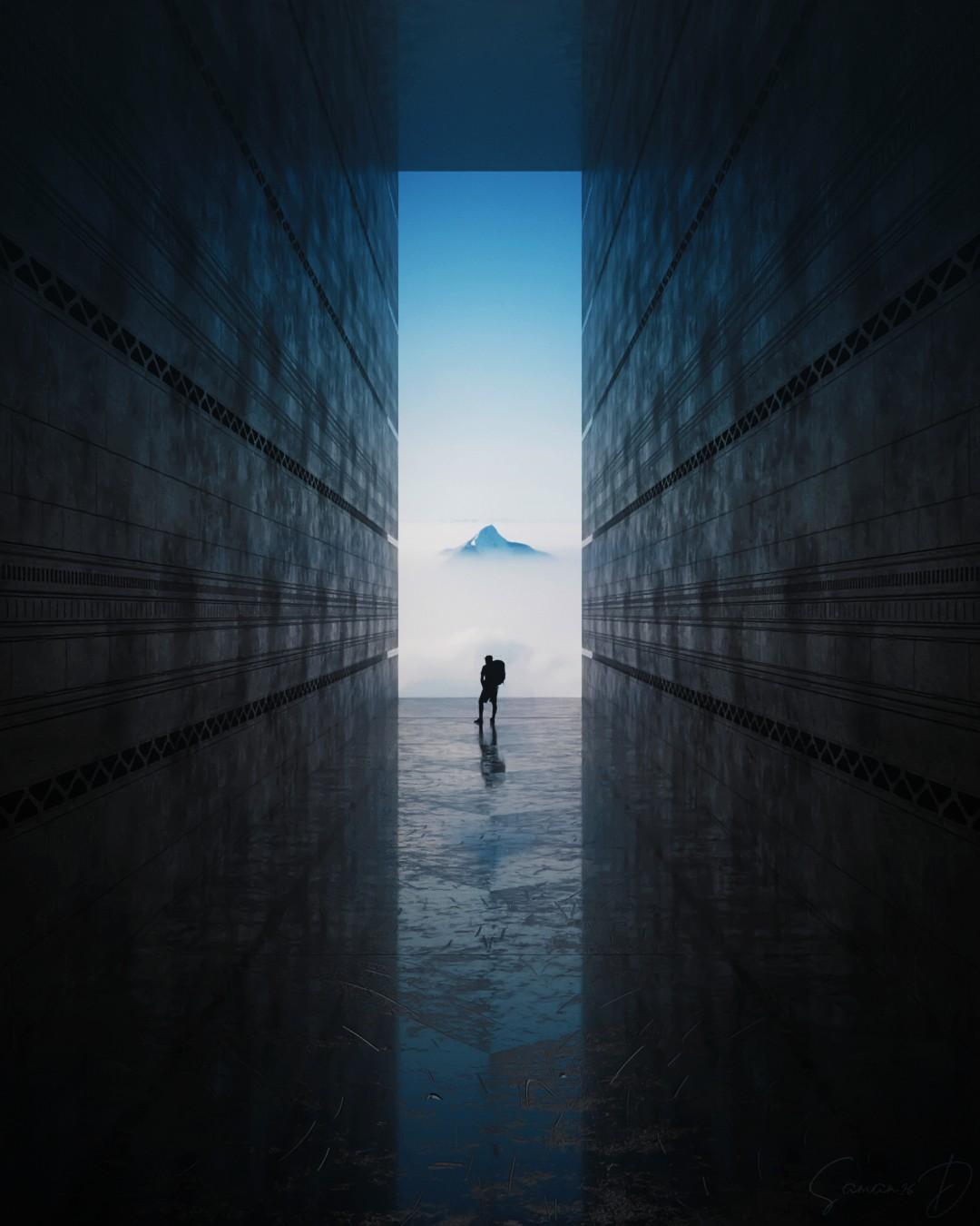 A figure with a backpack at the end of a tall dark corridor that opens onto a misty mountain peak