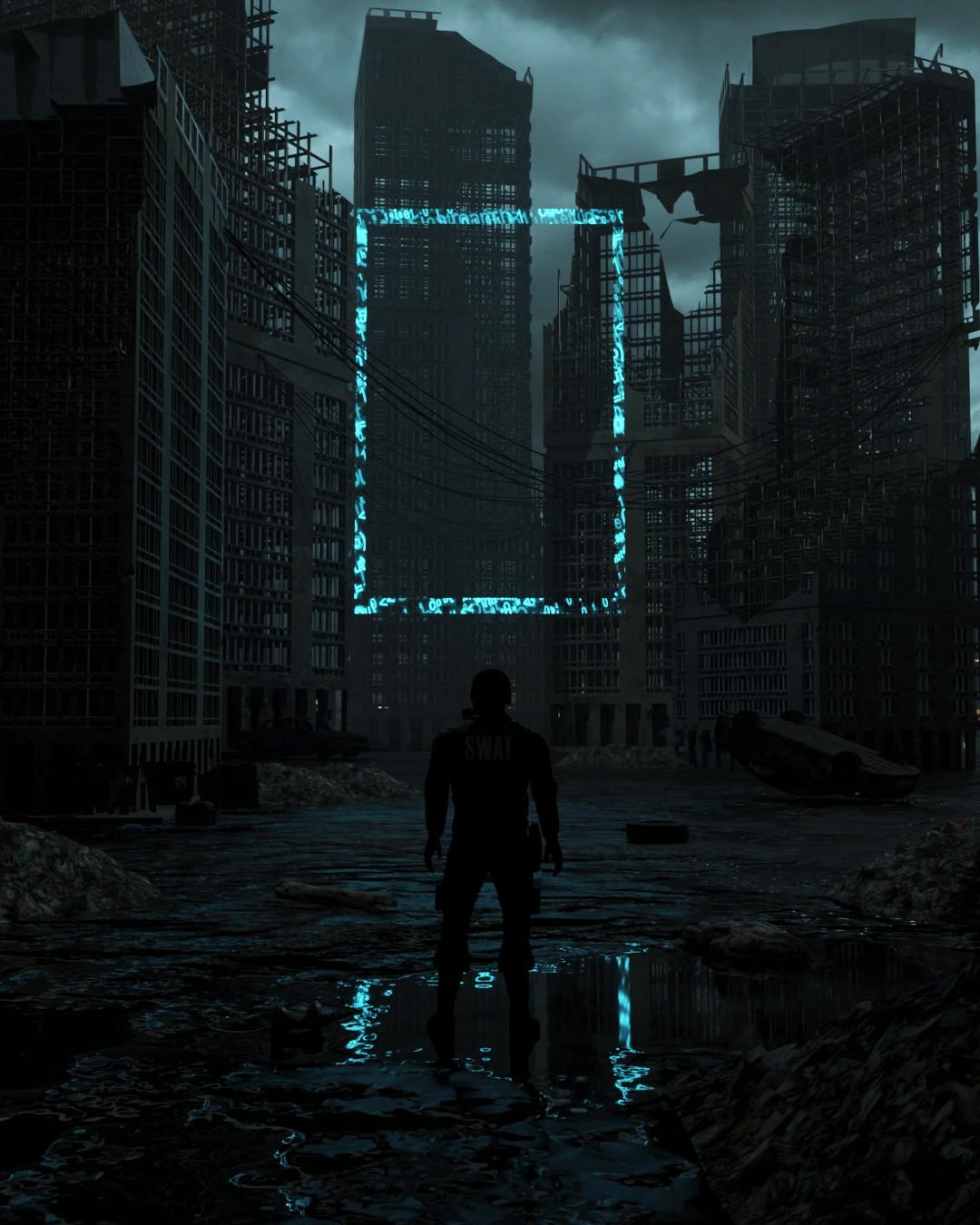 A soldier in silhouette in a flooded, ruined city, facing a glowing cyan rectangular portal between broken towers
