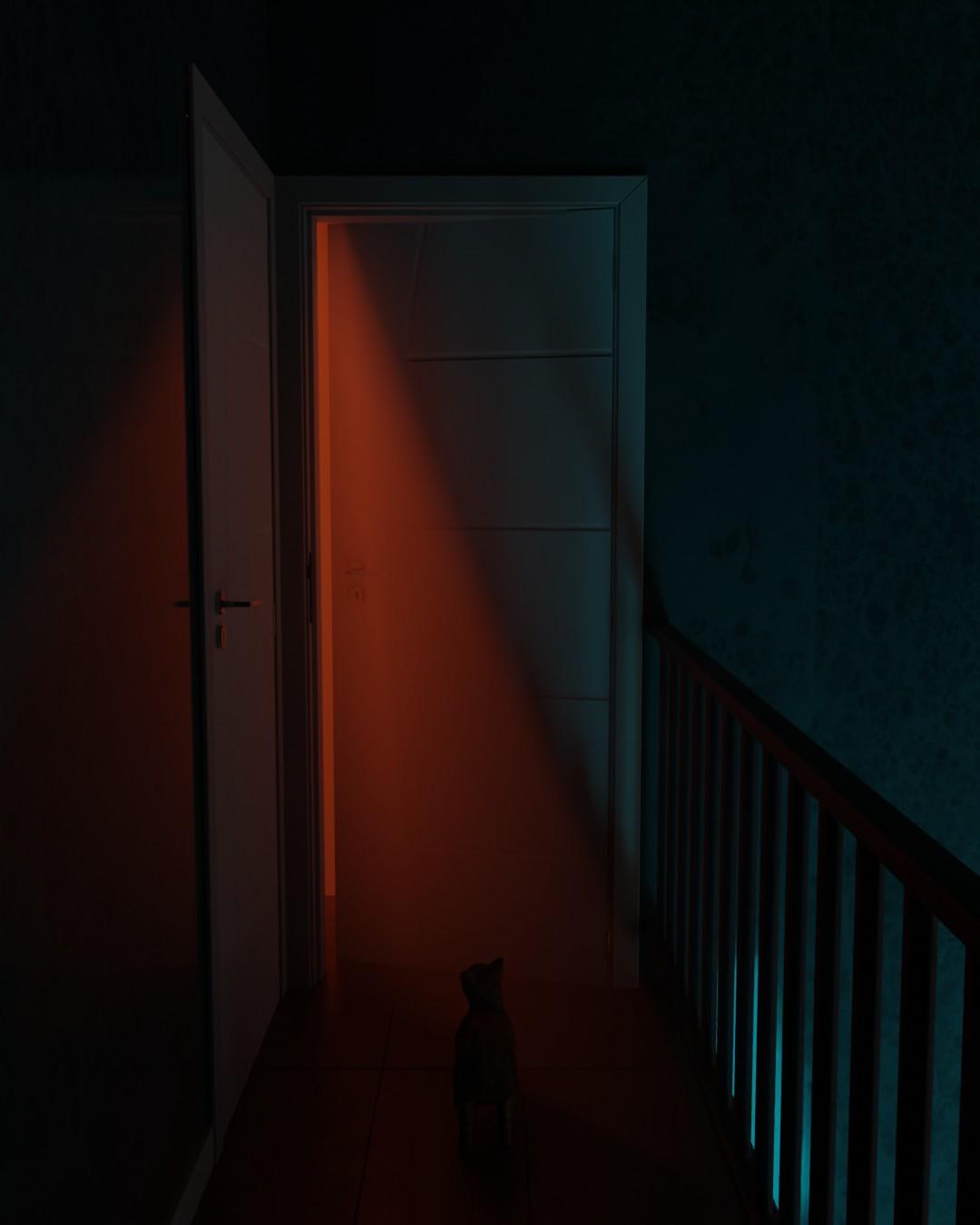 A dark upstairs hallway where red light spills from a half-open door; a cat sits watching it