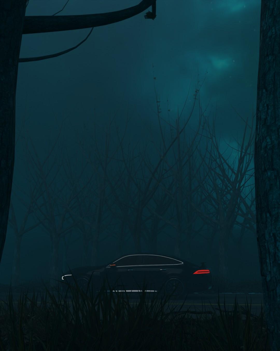 A dark car with glowing red tail lights in a foggy forest of bare trees, framed by two trunks