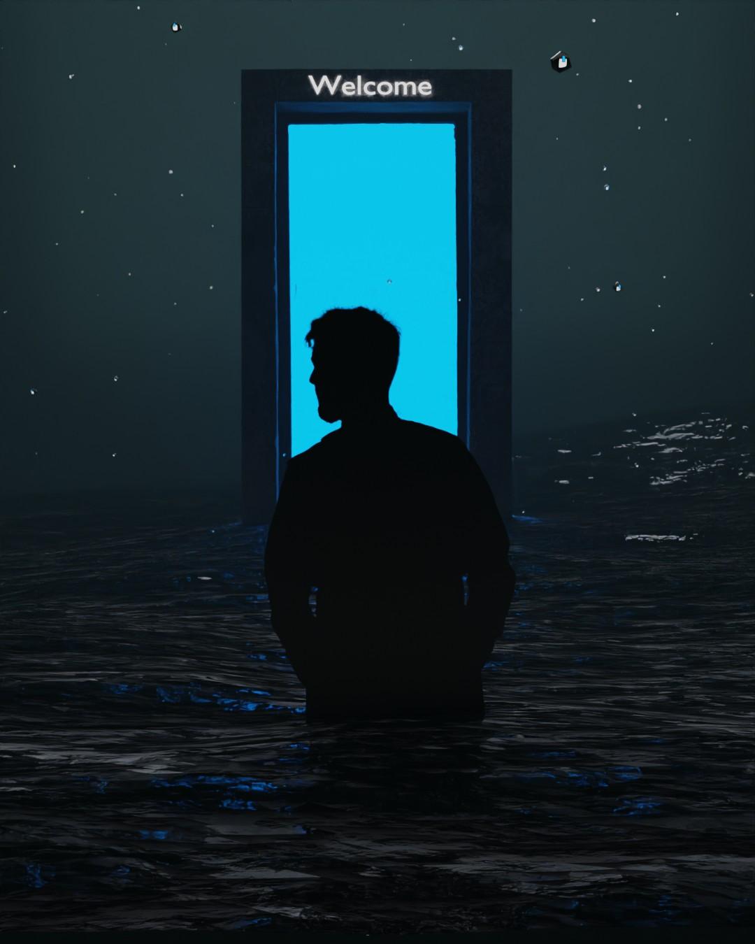 A silhouetted man standing waist-deep in dark water before a glowing blue doorway marked “Welcome”