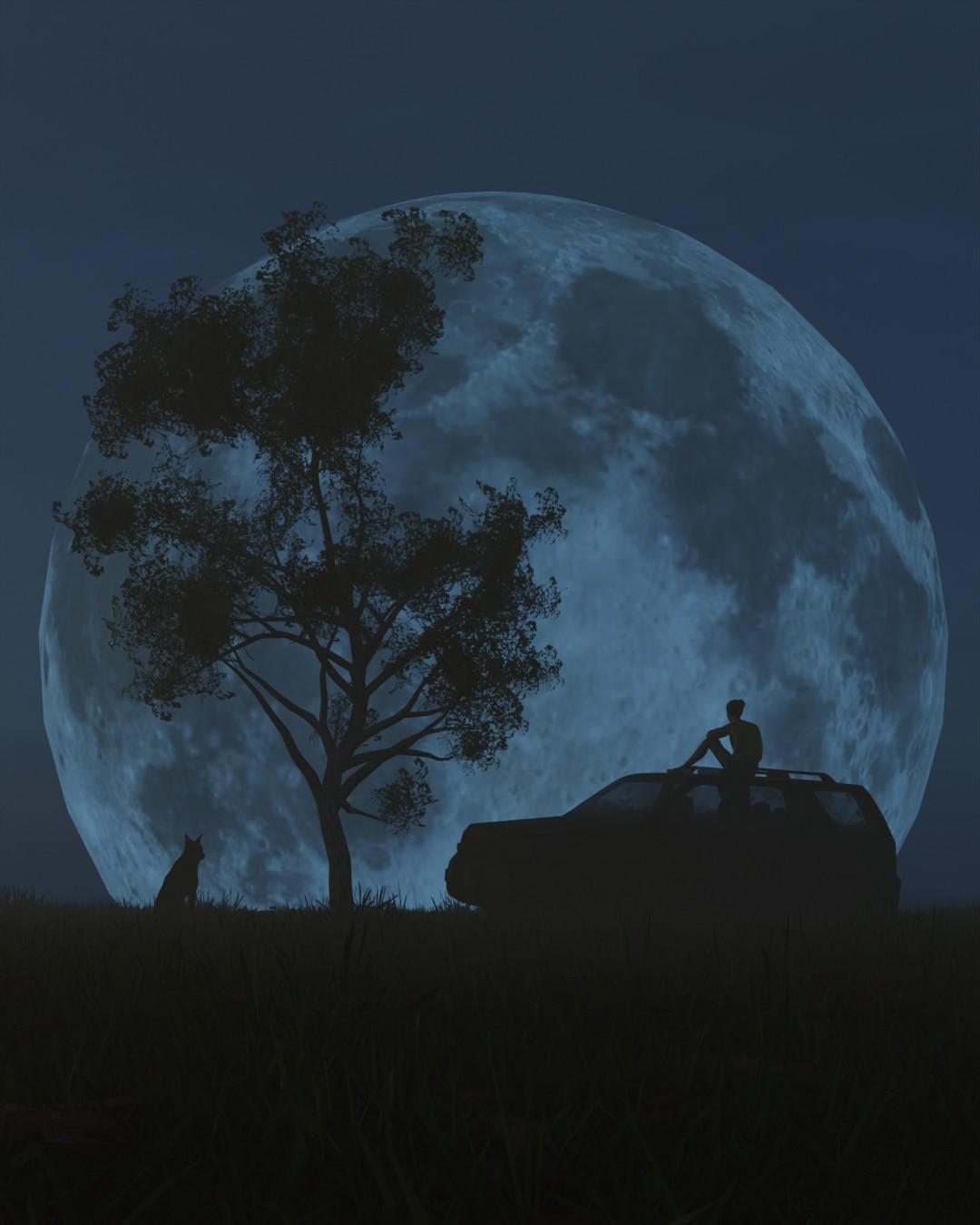 A huge blue moon behind a tree, a dog and a figure sitting on the roof of a car in silhouette