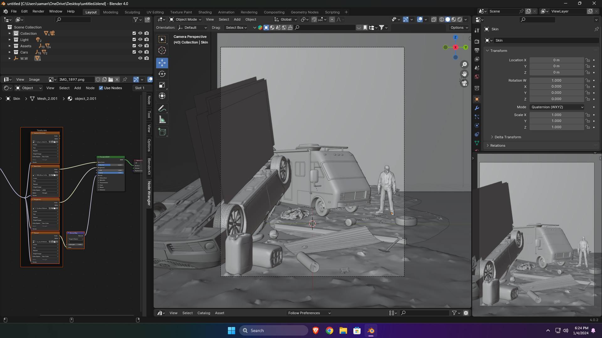 The Breaking Bad RV scene open in Blender 4.0: untextured models in the viewport above the material node editor