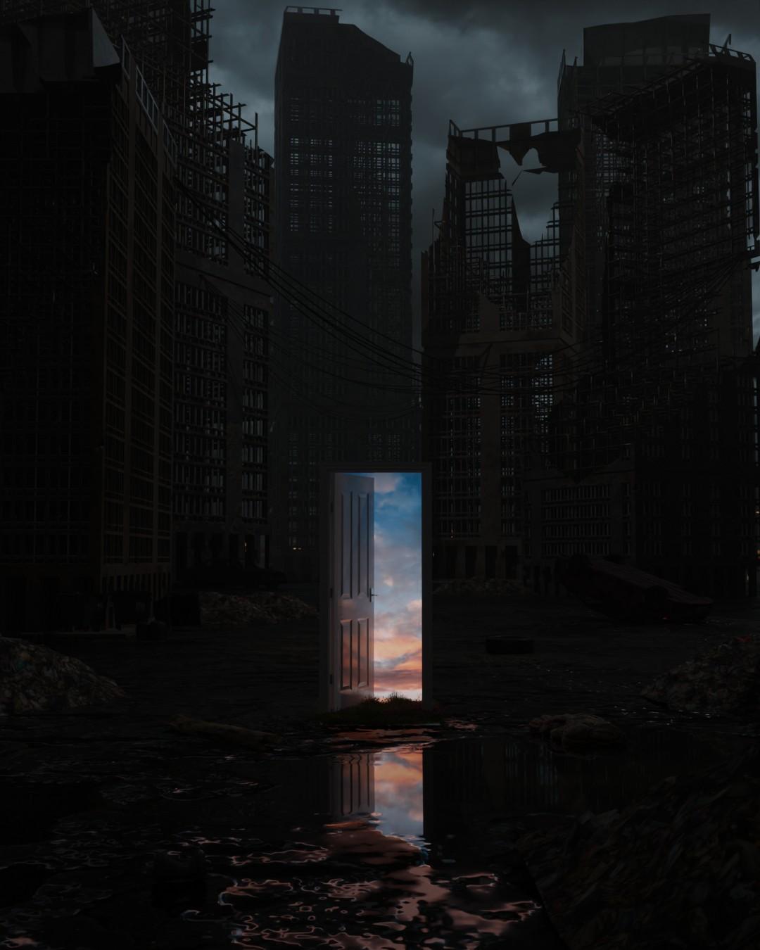 A doorway standing alone in a dark ruined city, opening onto a sunset sky reflected in a puddle