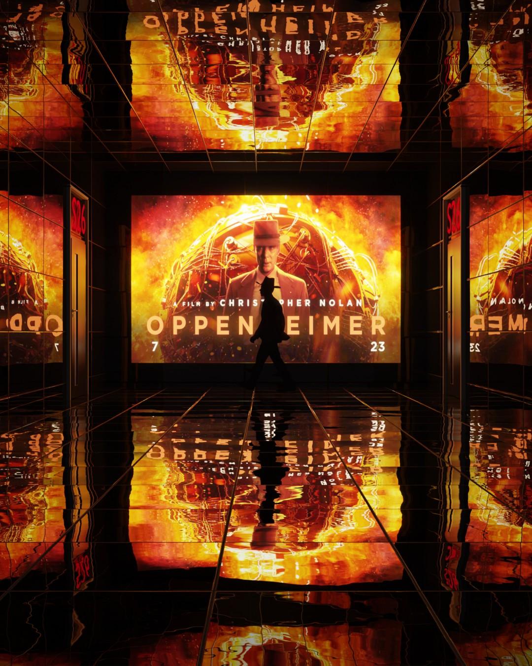 A silhouetted figure walking through a mirrored room filled with the fiery Oppenheimer film poster, reflected on every surface