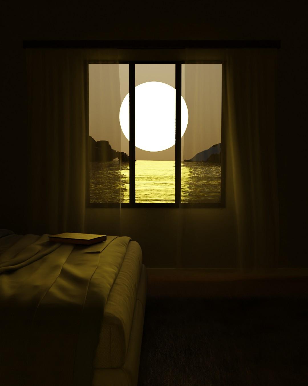 A dim bedroom where a bright full moon and its gold reflection on the sea fill the window behind sheer curtains