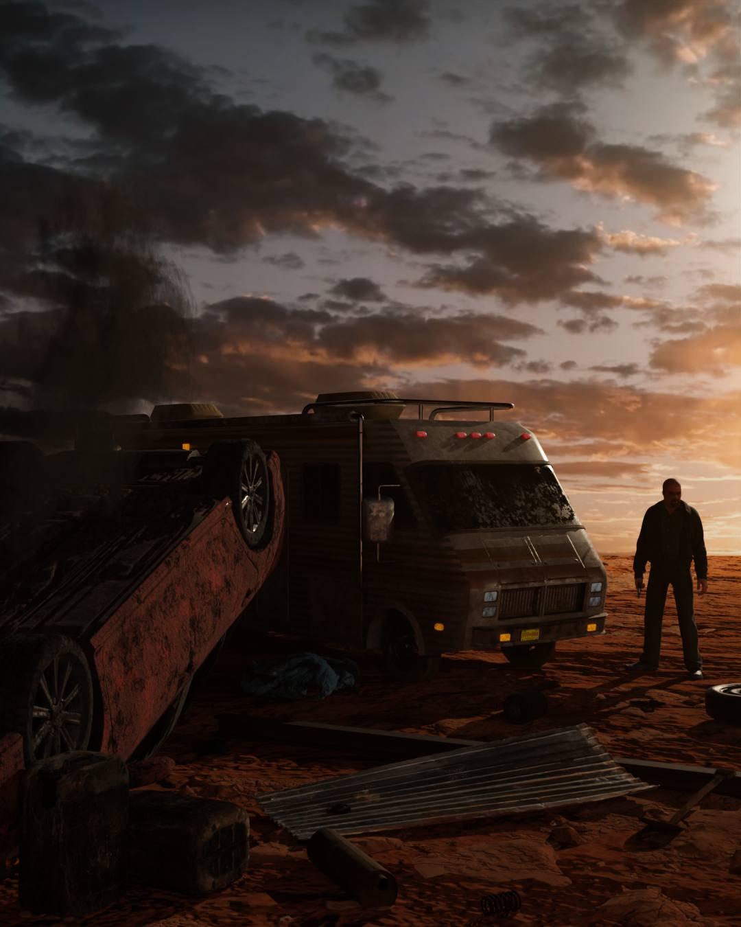 A Breaking Bad tribute: Heisenberg standing beside the RV in the desert at sunset, next to an overturned car and scattered debris