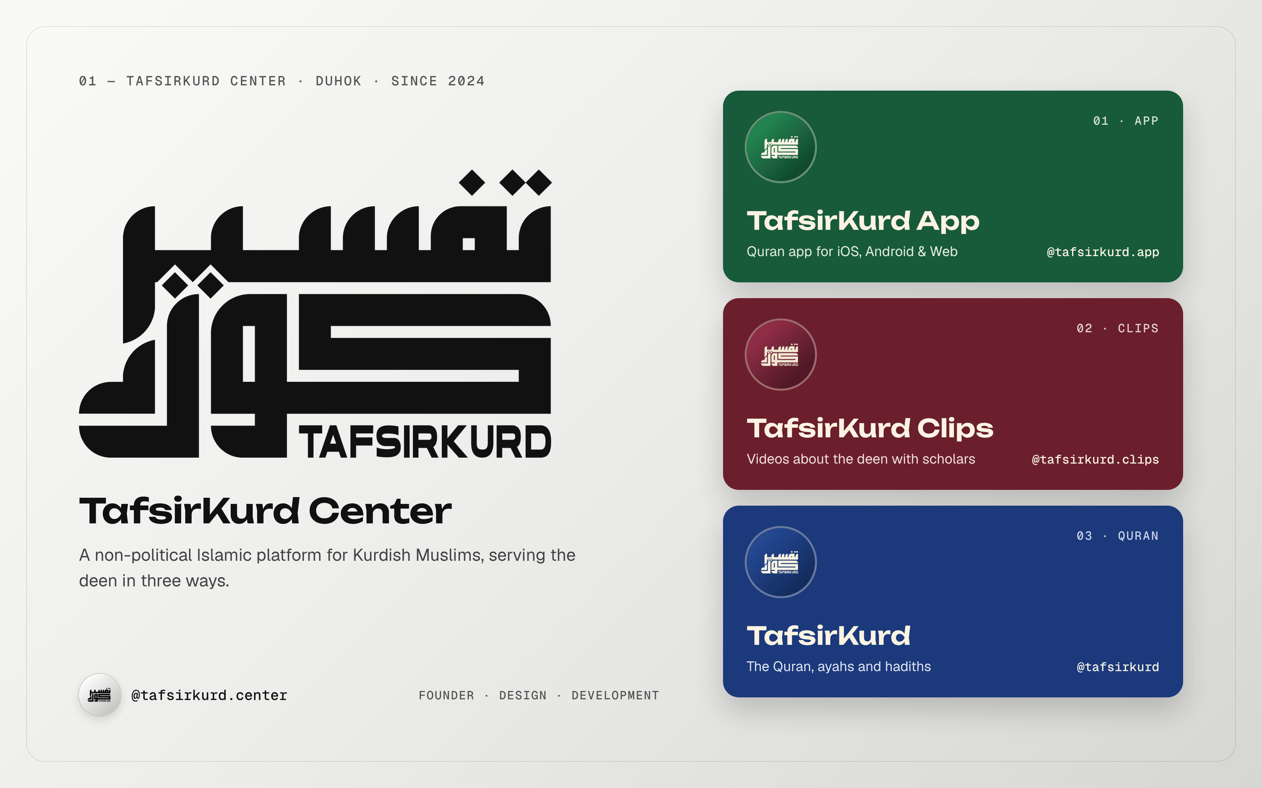 TafsirKurd Center cover: the TafsirKurd calligraphic mark with “TafsirKurd Center — a non-political Islamic platform for Kurdish Muslims, serving the deen in three ways”, beside three cards: TafsirKurd App in green, TafsirKurd Clips in maroon and TafsirKurd in blue